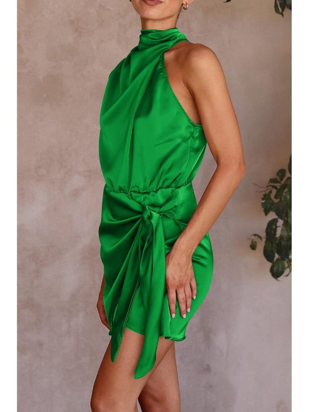 Women's Brilliant Green Formal Short Sleeveless Mock Neck Satin Party Dresses - Picture 6 of 6